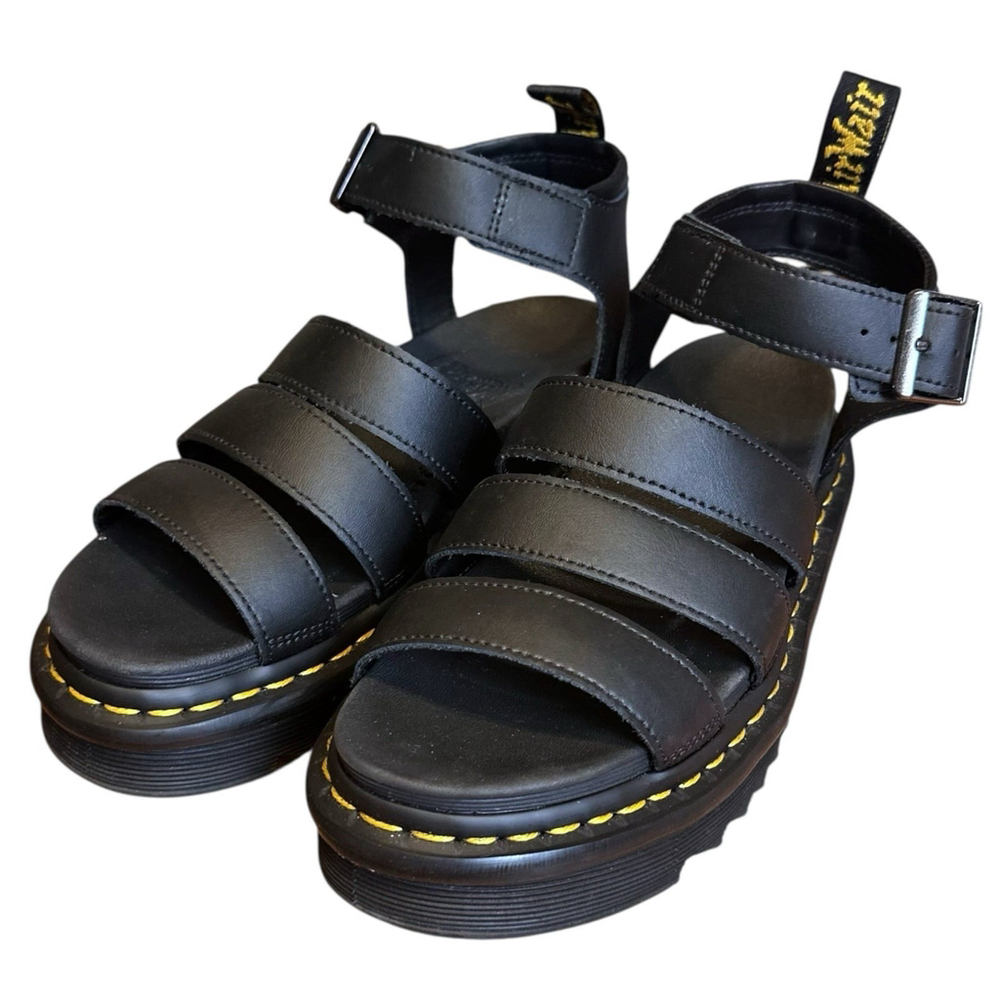 Dr. Martens Black Leather Platform Sandals with Yellow Stitching